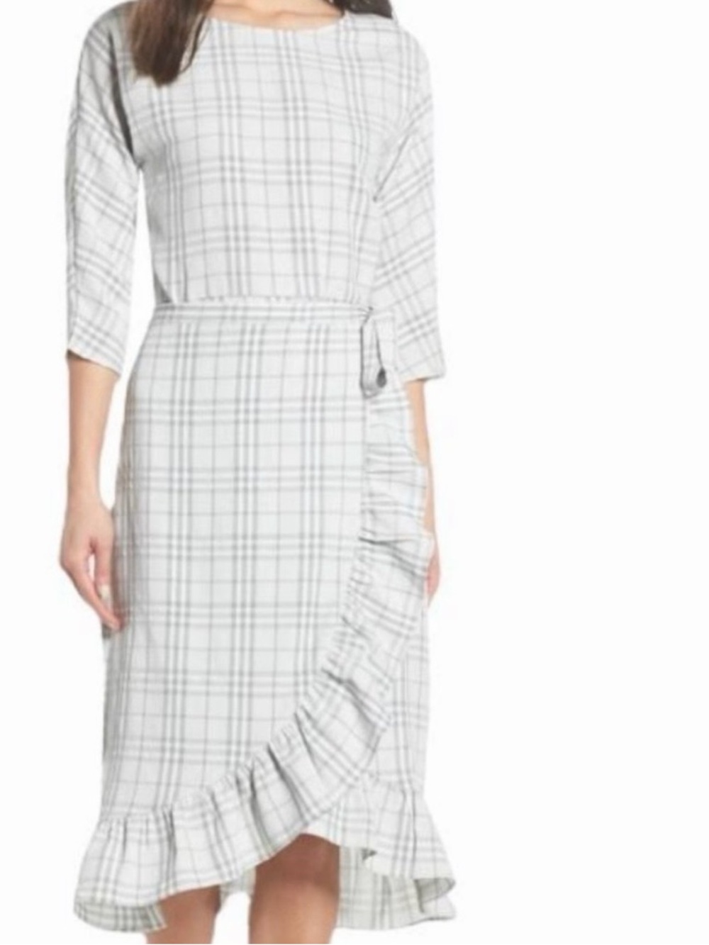 Chelsea28 Gray Plaid Faux Wrap Dress Ruffle Hem 3/4 Sleeve Midi Size S NWOT